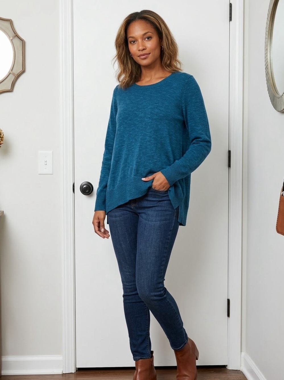 Eileen Fisher Organic Linen Cotton Blend Blue Asymmetrical Top Sweater Sz XL